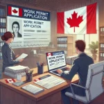 professional-and-detailed-illustration-depicting-the-process-of-reviewing-a-Canadian-work-permit-application.-The-scene-features-a-consultant-at-a-d.