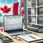 professional-illustration-of-an-initial-consultation-for-Canadian-immigration-services.-The-scene-shows-a-clean-and-modern-office-desk-with-consulta.