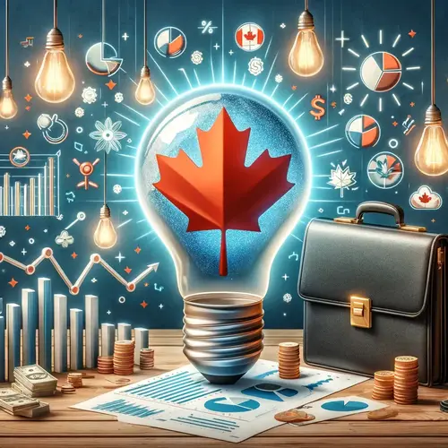 An image symbolizing business immigration to Canada. The scene includes a lightbulb with a Canadian maple leaf, surrounded by symbols of money