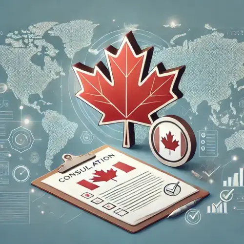 image symbolizing an initial consultation for Canadian immigration. The image features a Canadian maple leaf at the center, with a clipboard, check