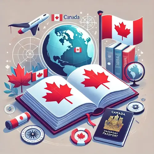 image representing study permits in Canadian immigration. The scene includes an open book with a Canadian maple leaf on one page and a globe on the