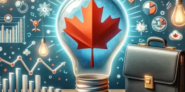 An image symbolizing business immigration to Canada. The scene includes a lightbulb with a Canadian maple leaf, surrounded by symbols of money